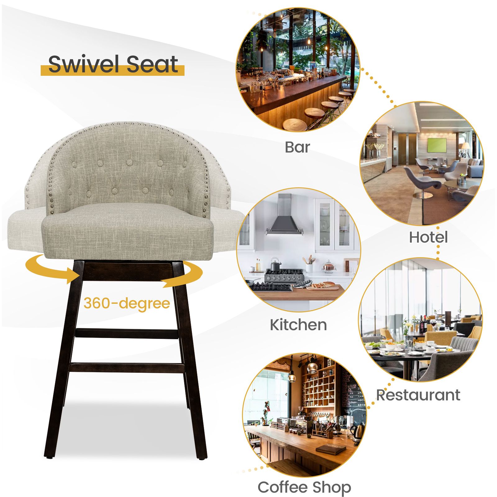 Swivel Bar Stools with Rubber Wood Legs and Padded Back Beige